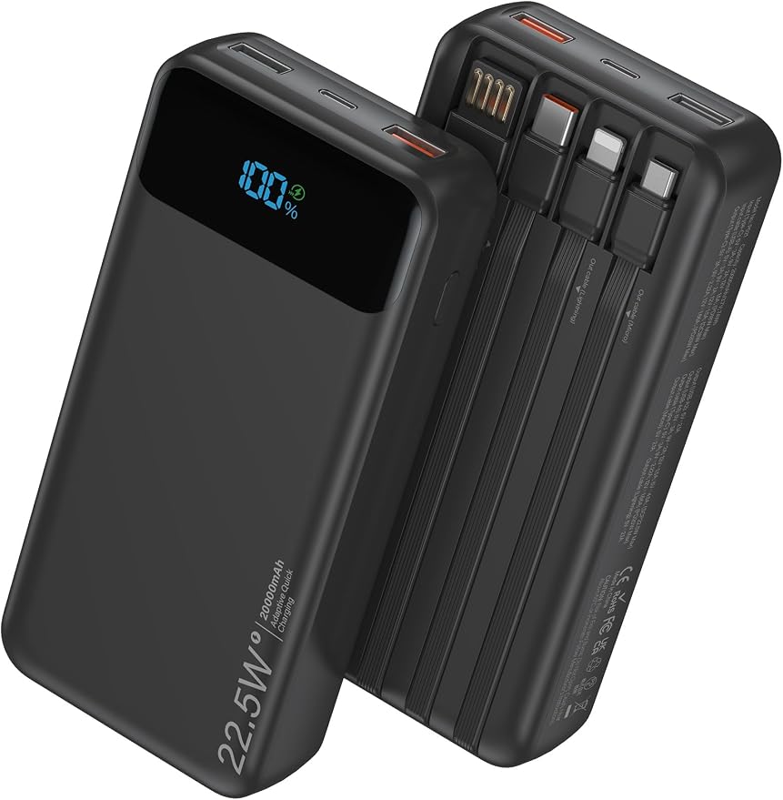 Nusyddy Portable Charger 20000mAh 22.5W w/4 Built-in Cables/6 Outputs Black | High capacity, Fast Charge, LED Display, Pass Through Charging, Charge 6 Devices at once, TSA Approved, Fits iPhone, Samsung