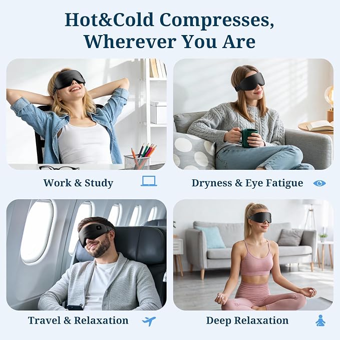 100% Silk Wireless Heated Eye Mask with Cooling, Relieves Dry Eye Syndrome and Puffy, Reduces Dark Circles, Adjustable Velcro Design and Washable Cover, Suitable for Travel & Gifts-Black