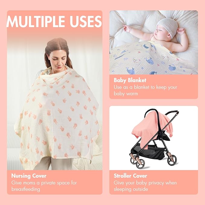 ANYEDDE 2-Pack Nursing Covers for Breastfeeding - Lightweight, Breathable Baby Breastfeeding Covers with Arch Neckline & Adjustable Straps, Pink & Bunny Design, Muslin Privacy Nursing Cover for Women