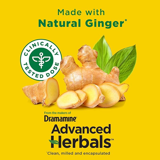 From the Makers of Dramamine, Advanced Herbals with Natural Ginger, for Nausea Relief, Morning Sickness Relief & Motion Sickness Relief During Travel, 18 Capsules