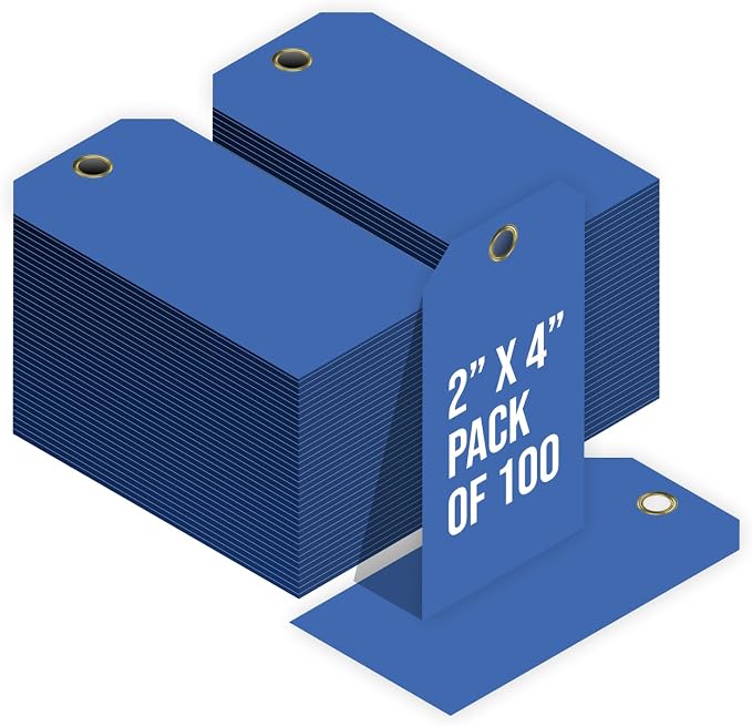 Tags 4 Less 15 Mil Waterproof Plastic Tags, Pack of 100 – 2” x 4” Heavy Duty Plastic Tags for Labeling, Outdoor Tagging, Equipment Labeling, Luggage, Valves & More (Dark Blue)