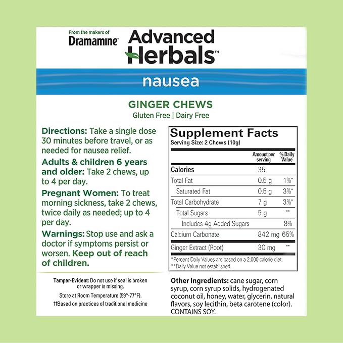 From the Makers of Dramamine, Advanced Herbals, Ginger Chews, Nausea Relief Soft Chews Lemon-Honey-Ginger, 6 Count, 12 Pack