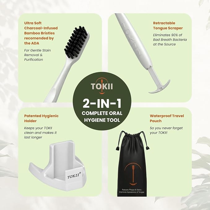 TOKII Tongue Scraper & Tongue Cleaner for Adults, 2-in-1 Toothbrush with Sliding Tongue Scraper, Charcoal Ultra Soft Bristles, Ayurvedic-Inspired, Includes Travel Toothbrush, Stand & Waterproof Pouch
