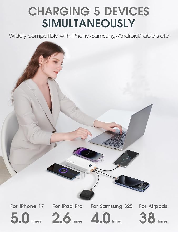 citicr Portable Charger 20000mAh PD20W w/Built-in Cables & Wall Plug White | High capacity, Fast charging, Built-in wall plug, LED display, Charge 5 devices at once, Pass through charging, TSA approved