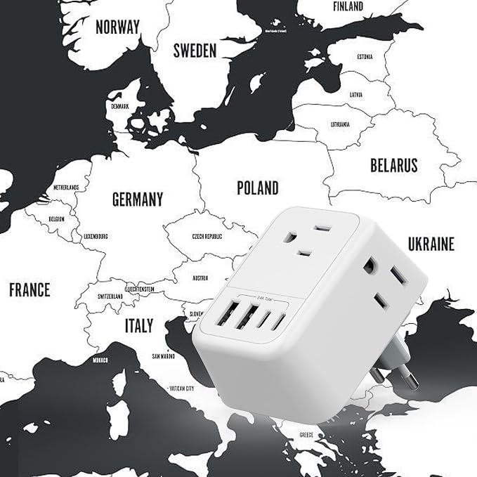 VYLEE Travel Adapter with 4 AC Outlets and 4 USB Ports - European Foldable International Power Adapter, Type C Plug Adapter Travel Essentials to Most Europe EU Spain Italy France Germany [1 Pack]