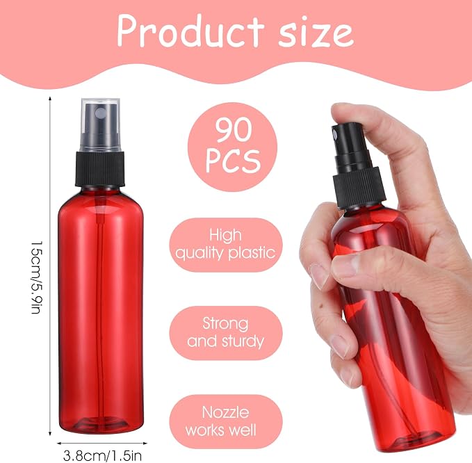 90 Pack 4oz Plastic Spray Bottles Bulk, Reusable Refillable Fine Mist Empty Mini Spray Bottles, Travel Size Small Sprayer for Essential Oils, Perfume, Cleaning Solutions (Amber)