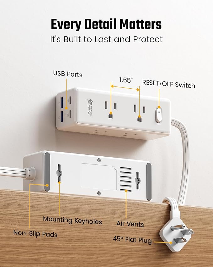 25 Ft Extension Cord with Multiple Outlets, Long Extension with 6 Outlets 4 USB Ports(2 USB C), Flat Plug Surge Protector Power Strip for Home, Office Supplies, Dorm Essentials