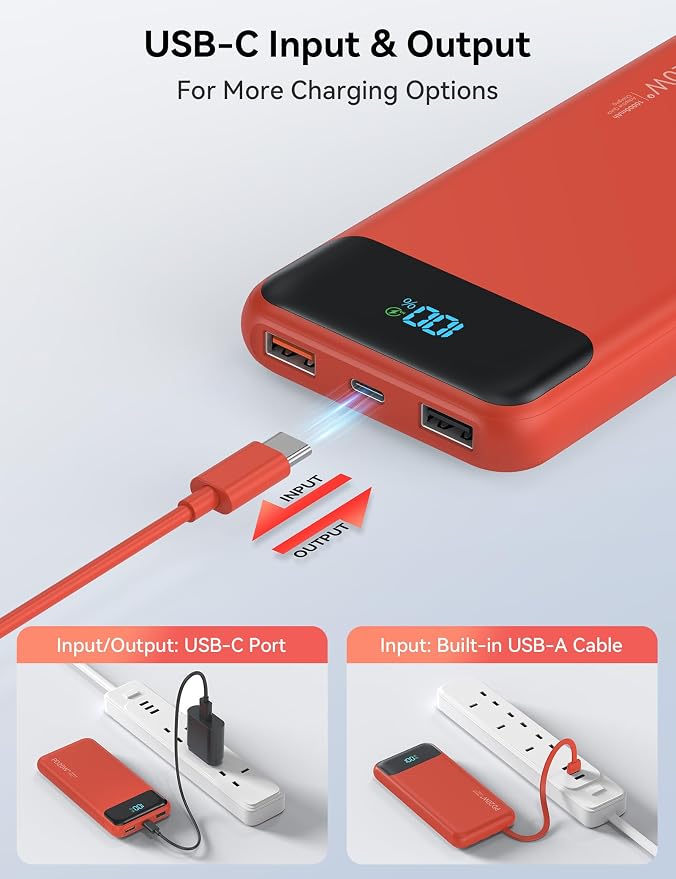 Nusyddy Portable Charger 10000mAh PD20W w/4 Built-in Cables/6 Outputs Red | PD20W Fast Charging, LED Display, Pass Through Charging, Charge 6 Devices at once, TSA Approved, Fits iPhone, iPad, Samsung