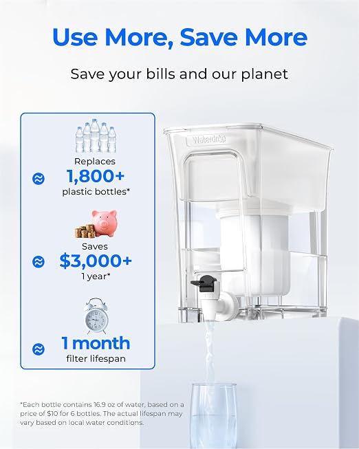Waterdrop WFD-01W Water Filter Dispenser, 0 TDS Water Filter Pitcher, 35-Cup Large Capacity with 1 Filter, Reduce TDS, Chlorine, PFOA/PFOS and More, BPA Free, White