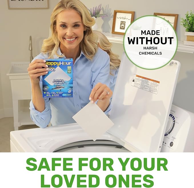 HAPPY HOUR Laundry Sheets Detergent 120 Loads Fresh Scent, 60 Sheets - Biodegradable Laundry Soap, Non Toxic, Plastic Free, Fights Tough Stains & Odors, Travel, Hypoallergenic for Sensitive Skin
