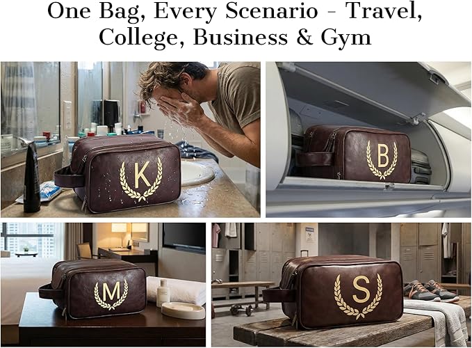 OXYEFEI Personalized Gifts for Men, Personalized Large Toiletry Bag for Men,Custom PU Leather Waterproof Mens Toiletry Travel with Initial Essential Dopp Kit Shaving Bag (W, Tea Brown)