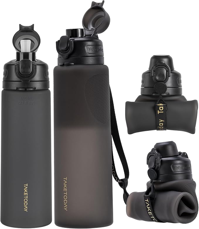 TakeToday Collapsible Water Bottles 32oz Black and 20oz Black, Foldable Travel Water Bottle with Strap, BPA Free, Silicone Water Bottle Leakproof for Hiking, International Travel, Outdoors
