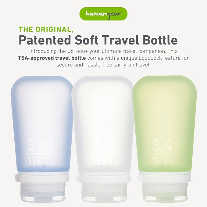humangear GoToob+ Bottles - Silicone Leak-Proof Travel Tubes for Toiletries, Camping & TSA Carry-On (3-Pack), Large (3.4 fl oz; 100ml), Clear/Green/Blue