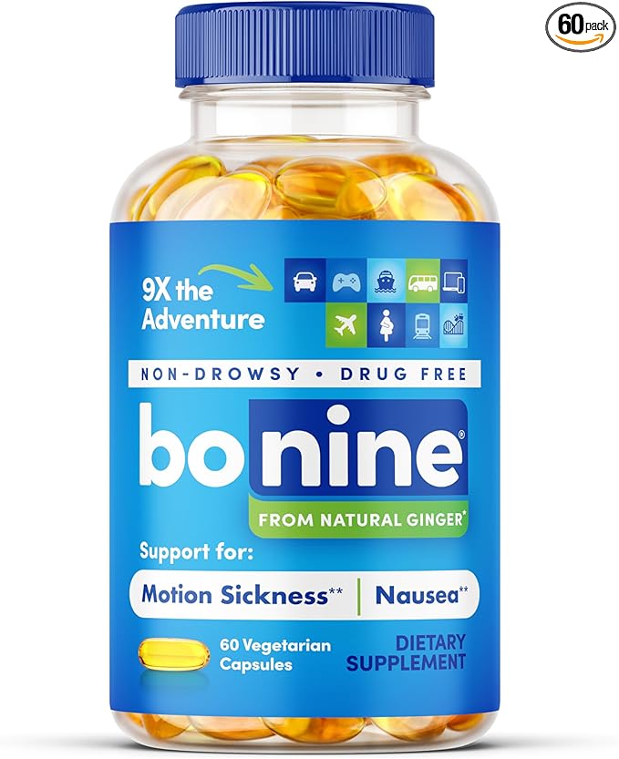 Bonine Ginger Root Extract Liquid Capsules - Non-Drowsy Motion Sickness Relief - 40 mg Ginger Supplement for Morning Sickness & Nausea Relief - Cruise Ship Essentials - 60 Capsules