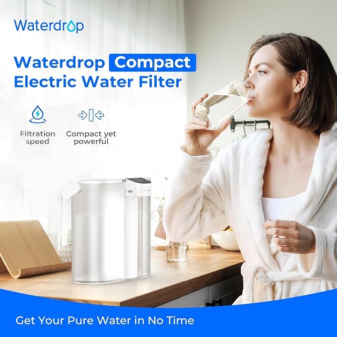 Waterdrop ED02W Compact Electric Water Filter Pitcher, 200-Gallon Rechargeable Instant Powerful Dispenser, NSF/ANSI 42&53&401&372, Reduce PFOA/PFOS, Lead, Chlorine, 14-Cup, NOT Reduce TDS, White