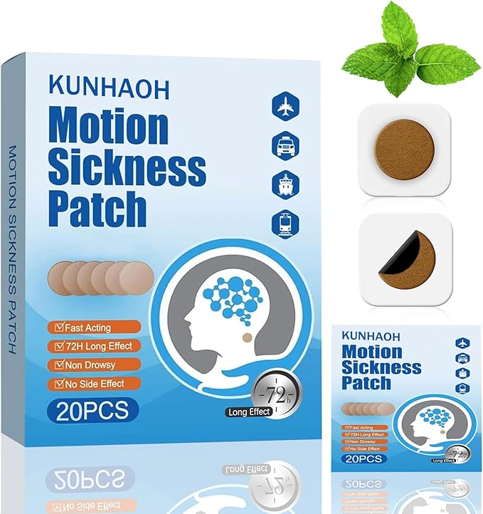 KUNHAOH (2026 New) Motion Sickness Patches for Adults and Kids(Travel Essentials),Ship-EEZ Sea Sickness Patch(Non-Drowsy & Lasts 72 Hours)-for Car and Boat Rides, Ships, Cruise and Airplane(20 Count)