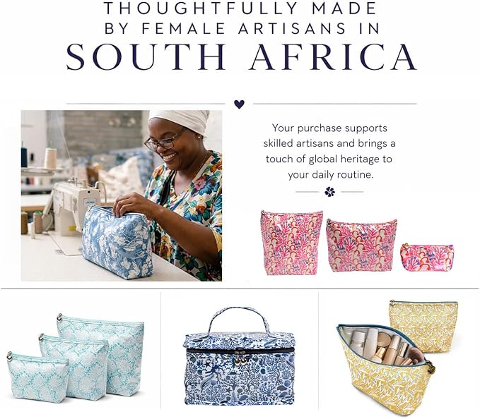 Jacaranda Living Artisan Cosmetic Bag, Handmade in South Africa, Small Waterproof Makeup Pouch with PVC Lining, Premium Travel Cosmetic Bag - Strawberry Vine Print
