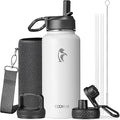 Coolflask Water Bottle 32 oz Insulated with Straw, Stainless Steel Metal 3 Lids Water Flask Wide Mouth for Sports or Office, Non-BPA Keep Cold Up to 48 Hrs or Hot Up to 24 Hrs, White
