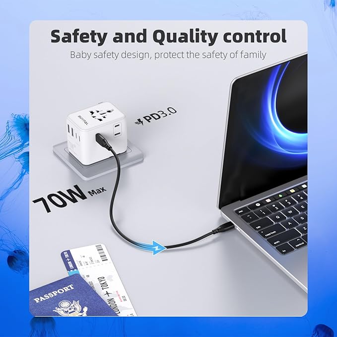7 in 1 World International Travel Plug Adapter - Powerful GaN Tech 70W with 3X USB-C and 2 USB-A Ports Cruise Approved, Universal Travel Adapter 100V 250V A/C, EU US UK AUS Asia