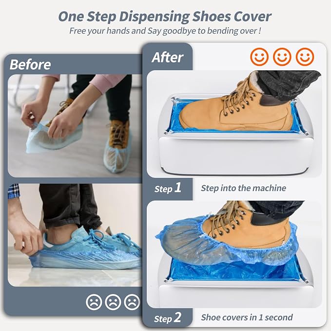 Automatic Shoe Cover Dispenser Machine with 200 Pcs Disposable Refills | Hands-free non-electric shoe cover machine. Fits up to men's size 12. Ideal for home, office, clinic, indoor labs & parties.