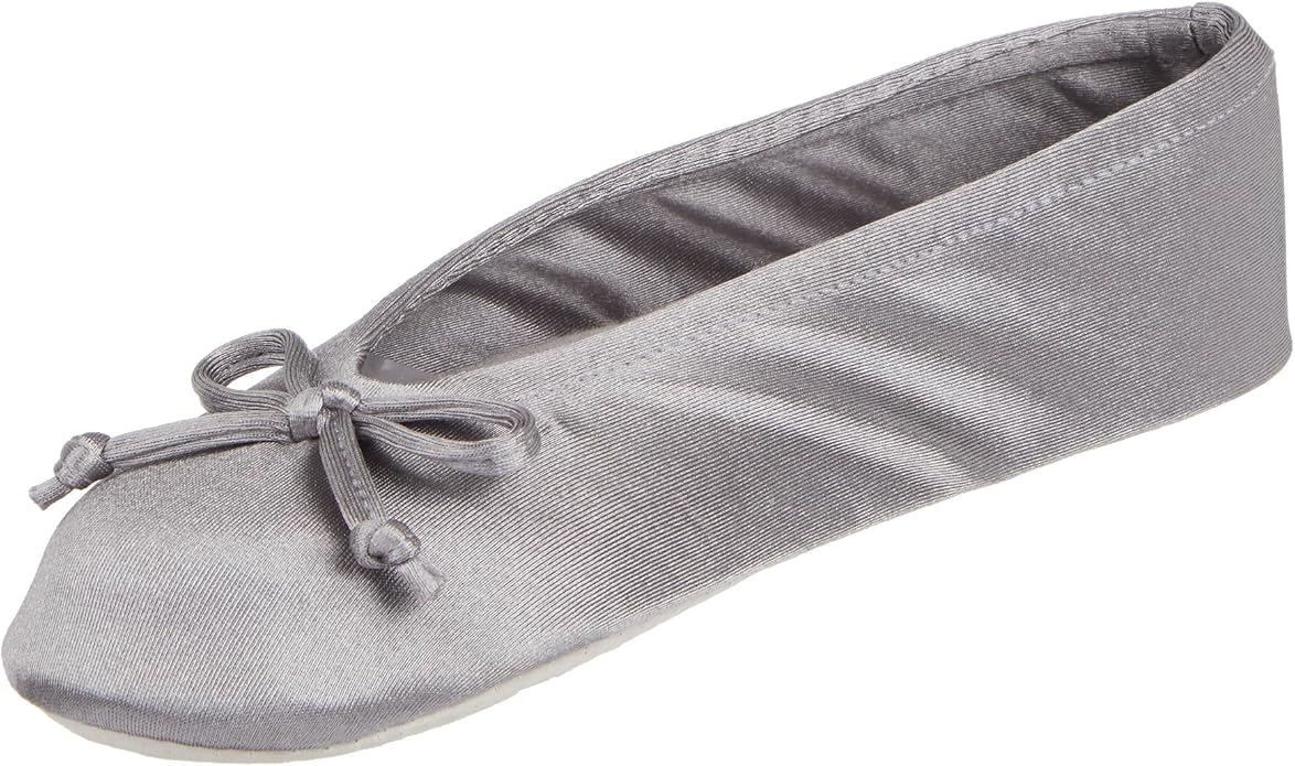 Isotoner Women's Satin Ballerina Slippers with Classic Ribbon Bow and Suede Sole