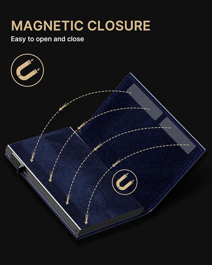 typecase Mens Wallet Card Holder: Pop Up Aluminum Case, Premium Genuine Leather, Smart, RFID Blocking, Slim, Minimalist, Front Pocket - 9-14 Card Capacity | ID Window | Cash Slot (Navy)