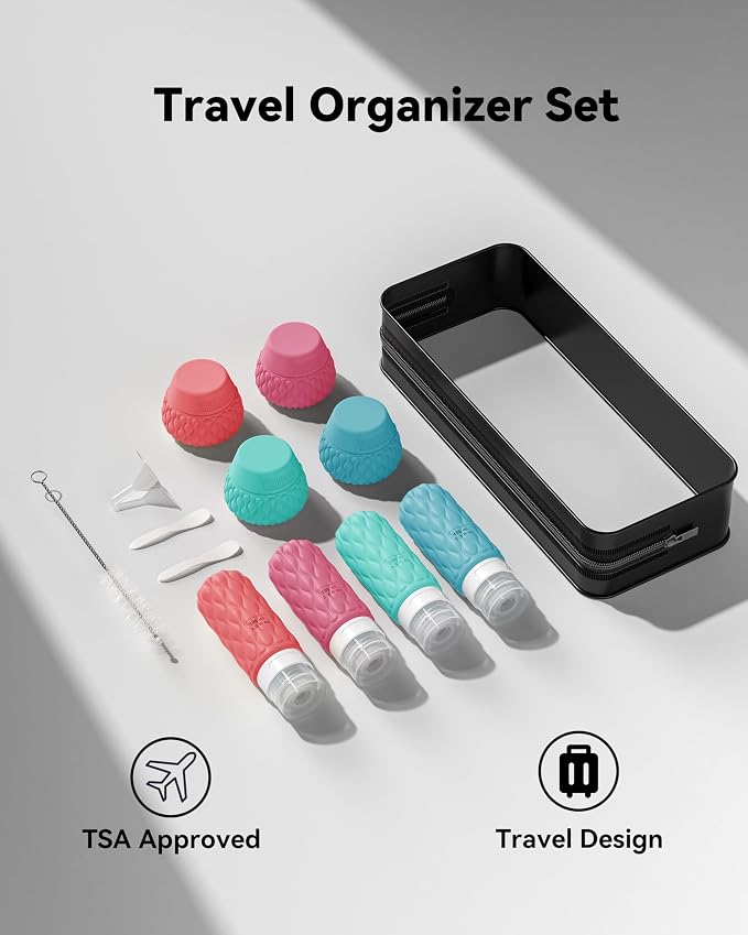 Silicone Travel Bottles for Toiletries 8 Pack Travel Size Toiletries 3.4 oz 1.7 oz, Leakproof Squeeze Travel Size Containers Refillable Cosmetic Jars Set for Shampoo, Conditioner, Creams