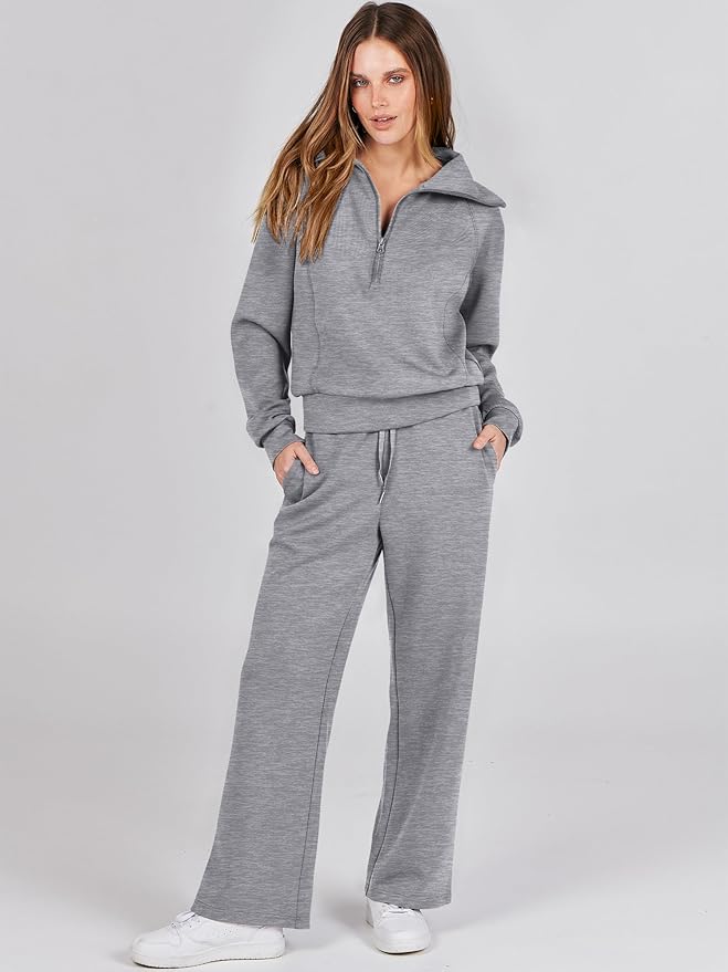ANRABESS Women’s 2 Piece Outfits Half Zip Sweatshirt & Wide Leg Pants Airport Travel Lounge Matching Sets Sweatsuits Clothing