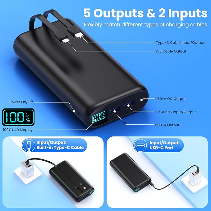 Portable Charger 40800mAh Power Bank with Built-in Cables,25W PD USB C Fast Phone Charging,5 Outputs External Battery Pack Backup,Travel Essential Outdoor for iPhone 17/16/15,Android Galaxy etc