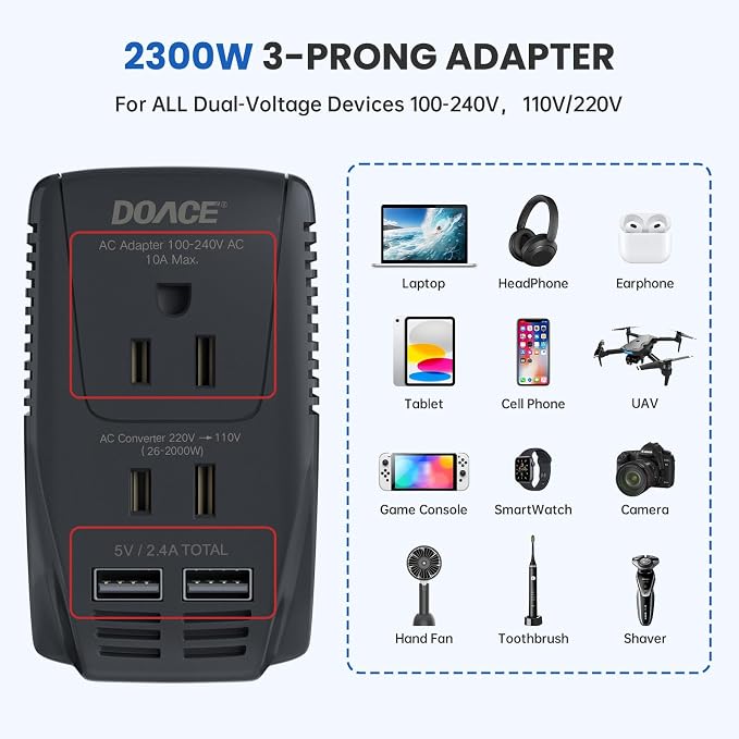 Upgraded 2000W 220V to 110V Converter for European Travel, Voltage Converter US to Europe for Hair Dryer Straightener Curling Iron, 2300W Adapter with EU/UK/AU/US Plugs for Laptop Camera Cell Phone