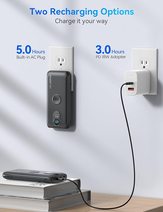 Portable Charger, 10000mAh 20W Fast Charging Power Bank with Built in Cables & AC Wall Plug & LED Display, Travel Essentials Battery Pack Powerbank for iPhone, iPad, iWatch, Samsung, Black