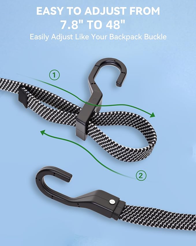 6 Pcs 48 Inch Flat Adjustable Bungee Cords with Hooks, 3X Faster to Adjust The Length, Lucky Straps Black Heavy Duty Bungee Straps for Cargo, Bike, Cart, Tent, Truck, Camping, Outdoor, etc