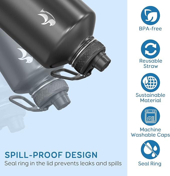 Coolflask Gallon Water Bottle Insulated with Straw&3 Lids, 128 oz Water Jug Large Stainless Steel Metal Vacuum Wide Mouth for Sports, Gym or Office, Non-BPA Keep Cold 48H Hot 24H, Magic Black