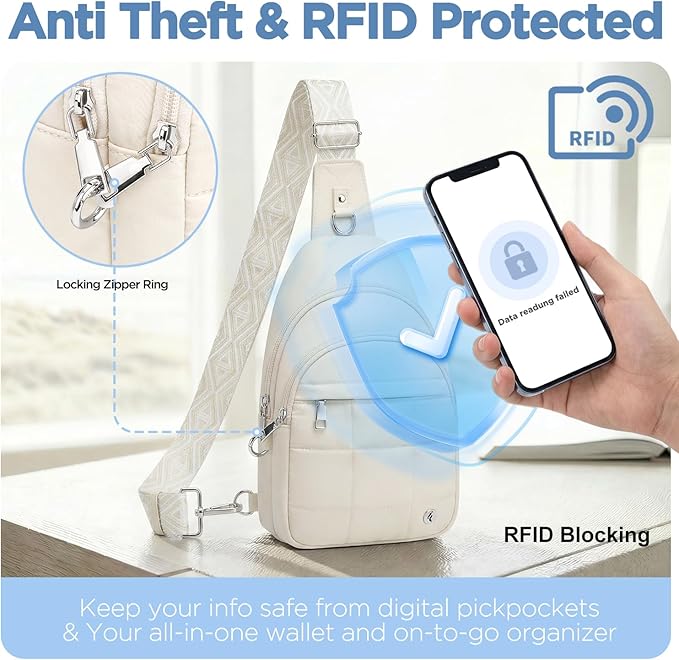 Anti Theft Sling Bag for Men & Women, Lightweight Puffer RFID Crossbody Bag for Travel, Commuting & City Walking, Hands-Free Everyday Essentials Bag White