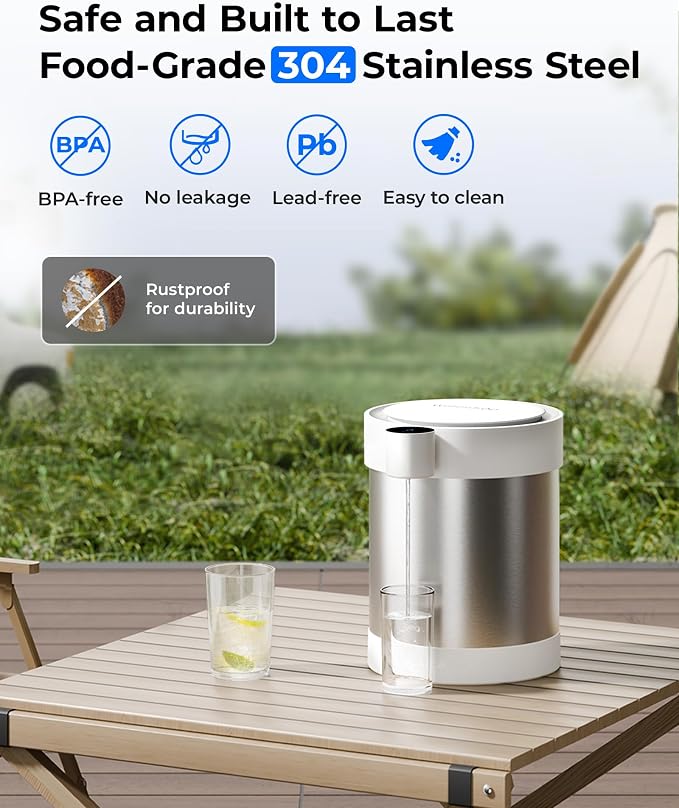 Waterdrop ED09W Rechargeable Non-Gravity Water Filter System with LED Function, Reduces 70+ Contaminants, Lead, Chlorine, 5-Stage Stainless Steel Filtration System, 22-Cup