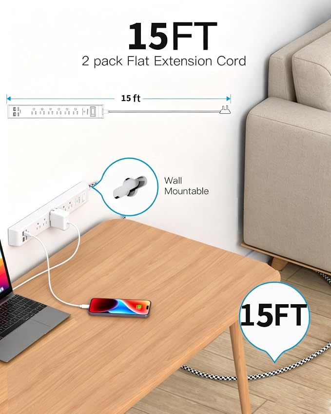 2 Pack Power Strip 15FT, Surge Protector with 6 Outlets and 4 USB Ports (2 USB C), Flat Plug Overload Protection, Extension Cord with Multiple Outlets, Wall Mount for Home Dorm College