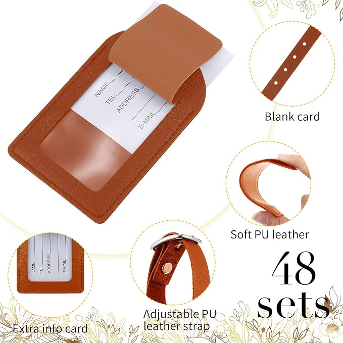 Amylove 48 Sets Leather Luggage Tags Bulk Wedding Favors Luggage Tags for Guests Bridal Gifts Wedding Bridal Shower Gift PU Leather with Name ID Card Tag for Guests