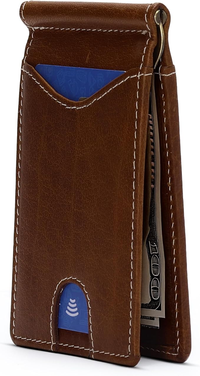 ROGUE WALLET Genuine Leather Minimalist Wallets - RFID Blocking with Money Clip - Interior & Exterior Card Pockets & More - Gift for Men (Brown)