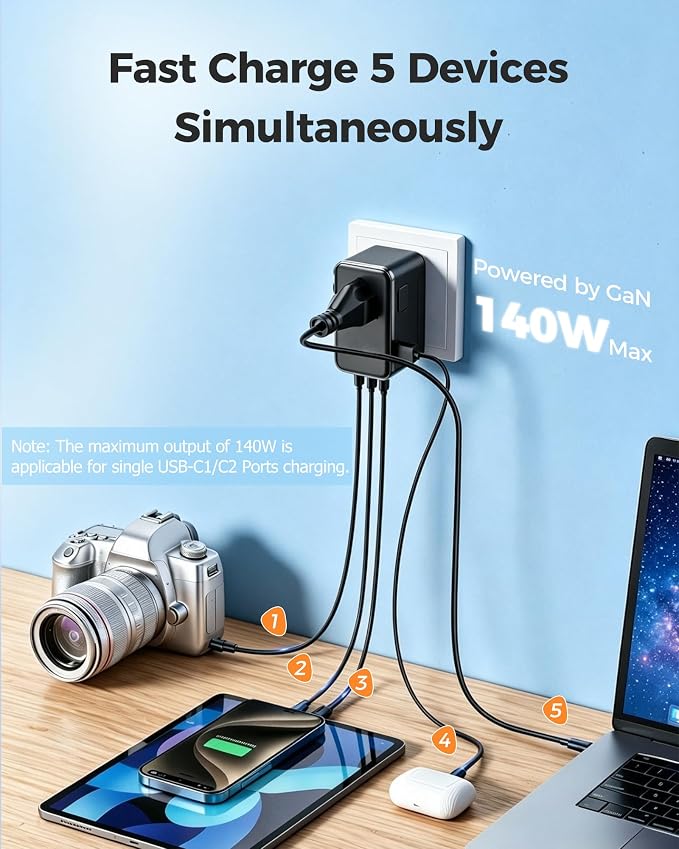 JMFONE 140W GaN Universal Travel Adapter with 2500W AC Outlet, International Power Adapter for Europe UK US AU, 3 USB-C & USB-A Fast Charger for MacBook, iPhone, Laptop and More in 200+ Countries