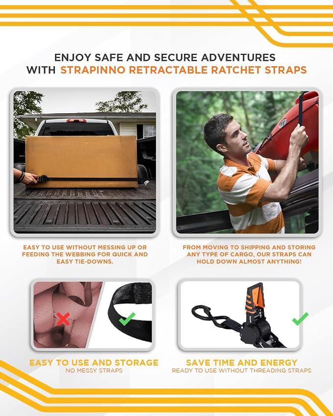 Strapinno 4pcs Retractable Ratchet Straps Bundle 1 in x 6 ft, Secure Tie-Downs with Rubber-Coated Steel Handles, S-Hooks & Durable Hardware for Daily Use with Breaking Strength - 1,500LBS/680KG Each