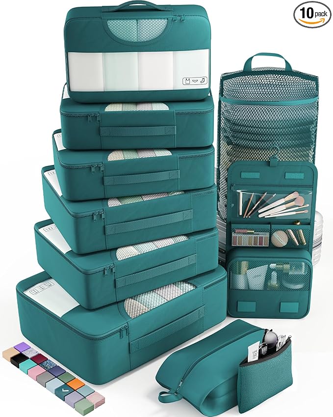 Veken 10 Set Packing Cubes for Travel Essentials, Suitcase Organizer Bags in 4 Sizes, Carry-On Luggage Accessories with Large Laundry Bag & Passport Holder, Must-Have for Airplane, Road Trip & Camping
