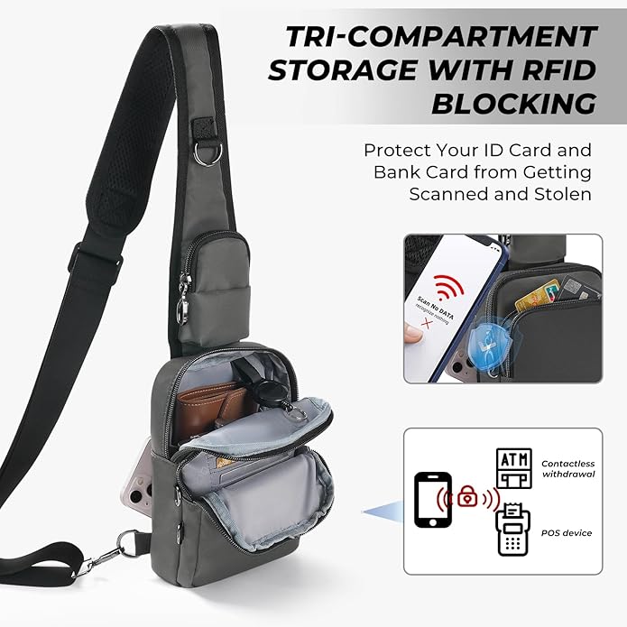 Crossbody Bag Anti Theft Sling Bag for Women Men RFID Blocking, Small Shoulder Chest Bags with Zipper Lock