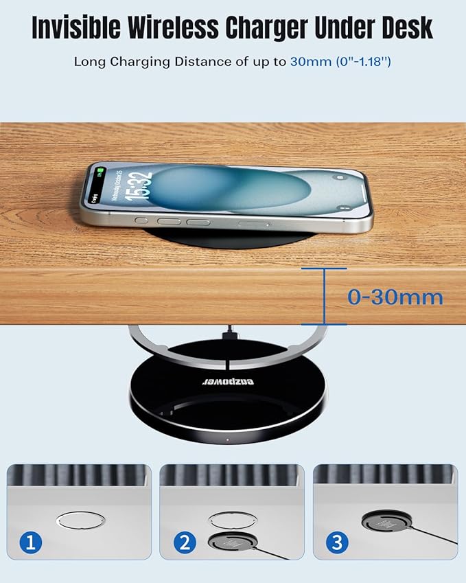 Eazpower Invisible Wireless Charger, 0-30mm Under Desk Wireless Charger, Dual Uses On or Hidden Under Table Charging Pad for Nightstand for iPhone 17/17 Pro/17 Pro Max/17 Air/16/15/14/Samsung Phone