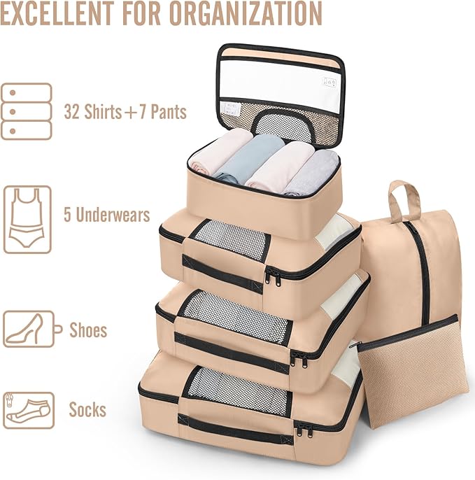Veken 8 Set Packing Cubes for Travel Essentials, Suitcase Organizer Bags in 4 Sizes, Carry-On Luggage Accessories with Large Laundry Bag & Passport Holder, Must-Have for Airplane, Road Trip & Camping