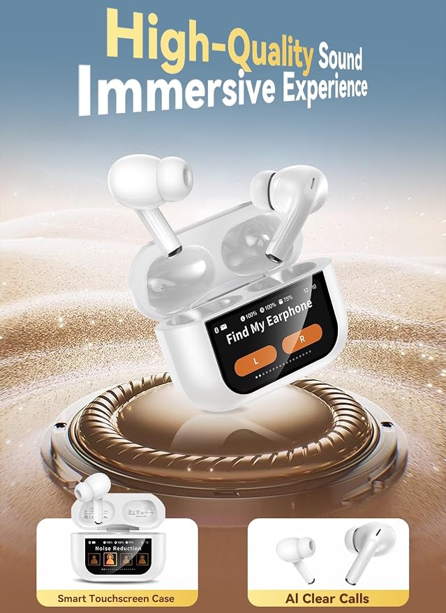 Bucephalus Wireless Earbuds, Bluetooth 5.4 Ear Buds with Smart Touchscreen Case & Noise Cancelling, 48H Playtime, Bass Stereo Sound, Compatible with iPhone/Android, Pad - Pearl White