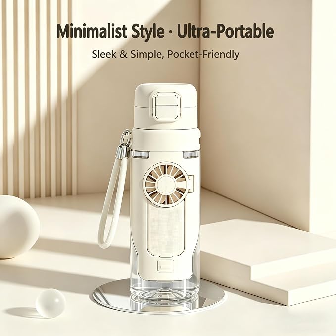CRILEAL 2-in-1 Water Bottle with Foldable Fan, 690ml Portable Cooling Cup with Straw, 3-Speed USB-C Rechargeable Built-In Fan Bottle for Travel, Hiking, Beach and Summer Outdoor Use, White