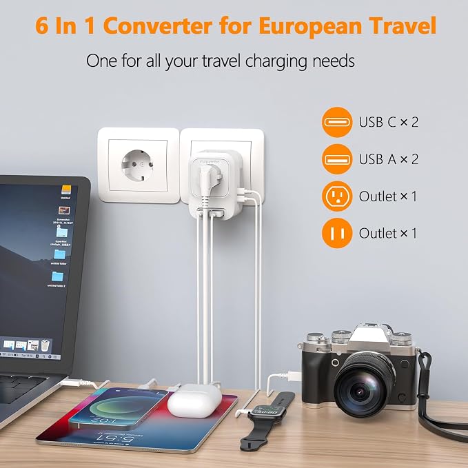 220V to 110V Voltage Converter US to Europe with 2 USB A & 2 USB C Ports Fast Charging, Power Converter for European Travel International Universal Travel Adapter for Italy Germany Spain France