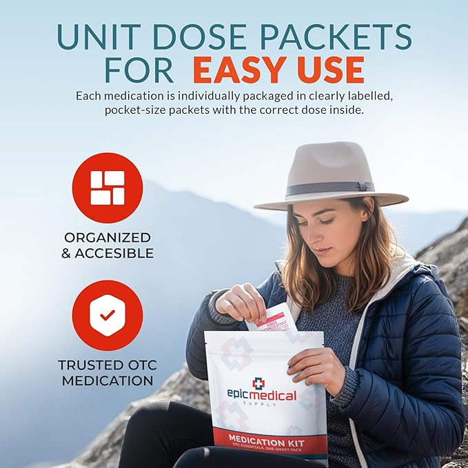 Epic Medical Supply First Aid Kit Medication Refill 115-Count Unit Dose Packets Alcohol Pads & Bandages Emergency Medicine Kit Pills 1st Aid Kit Refill Travel Camping Assembled in USA (115 Pieces)