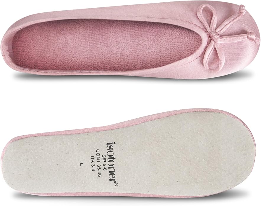 Isotoner Women's Satin Ballerina Slippers with Classic Ribbon Bow and Suede Sole