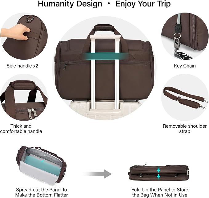 Hanke Carry On luggage Bags for Travel, Large Foldable Duffle Bag for Travel, Softside Lightweight Travel Bag Carry On Bags for Airplanes Women, Travel Tote Bags for Women Men.（Coffee）